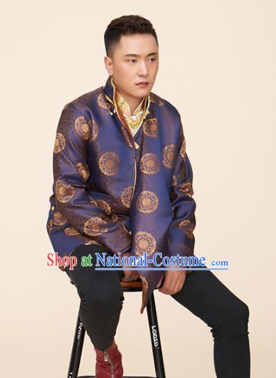 Traditional Chinese Zang Nationality Dance Costumes Tibetan Folk Dance Ethnic Blue Coat for Men