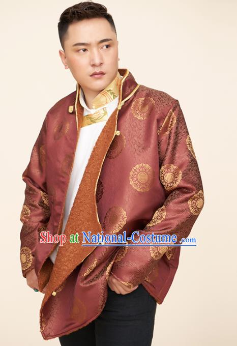 Traditional Chinese Zang Nationality Dance Costumes Tibetan Folk Dance Ethnic Wine Red Coat for Men