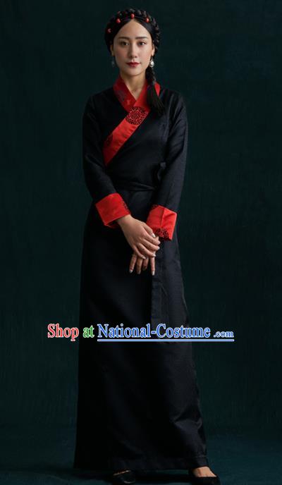 Traditional Chinese Zang Nationality Dance Costumes Black Tibetan Robe Ethnic Folk Dance Dress for Women