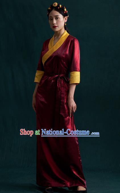 Traditional Chinese Zang Nationality Dance Costumes Wine Red Tibetan Robe Ethnic Folk Dance Dress for Women