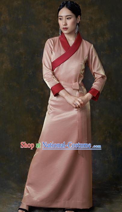 Traditional Chinese Zang Nationality Dance Costumes Pink Tibetan Robe Ethnic Folk Dance Dress for Women