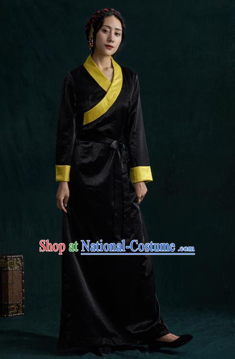 Traditional Chinese Zang Nationality Dance Costumes Black Tibetan Robe Ethnic Folk Dance Dress for Women