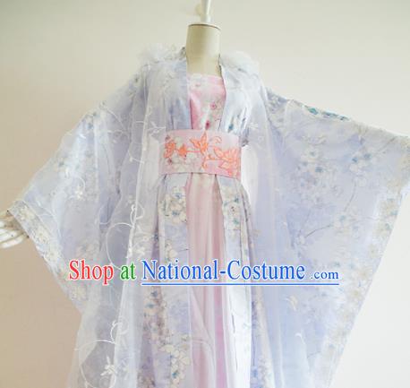 Traditional Chinese Tang Dynasty Princess Costumes Ancient Cosplay Peri Blue Hanfu Dress for Women