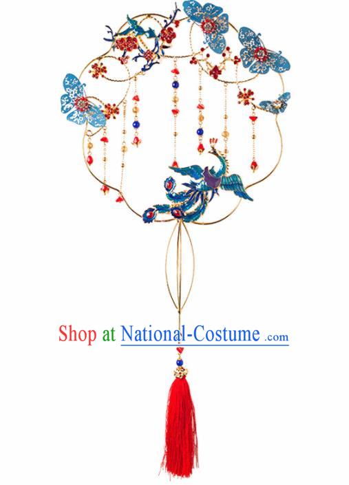 Chinese Ancient Wedding Accessories Bride Palace Fans Handmade Blueing Round Fan for Women