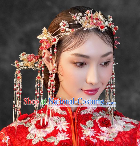 Chinese Ancient Wedding Hair Accessories Bride Red Pomegranate Phoenix Coronet Hairpins Headwear for Women