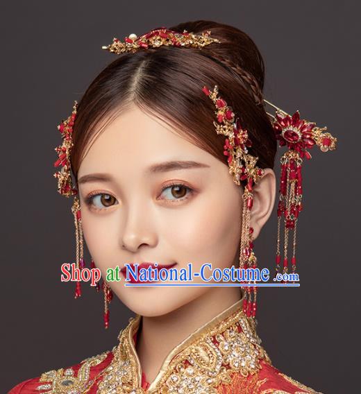 Chinese Ancient Wedding Hair Accessories Bride Red Tassel Hairpins Headwear for Women