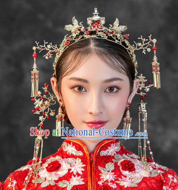 Chinese Ancient Wedding Hair Accessories Palace Cranes Phoenix Coronet Bride Hairpins Headwear for Women