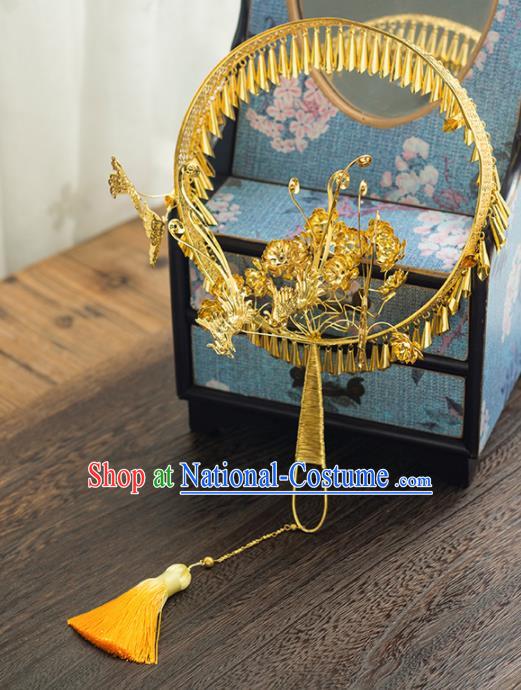 Chinese Ancient Wedding Accessories Bride Handmade Round Fans Golden Palace Fans for Women