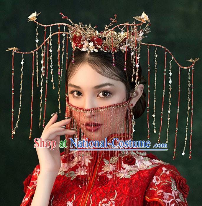 Chinese Ancient Wedding Hair Accessories Red Tassel Phoenix Coronet Bride Hairpins Headwear for Women