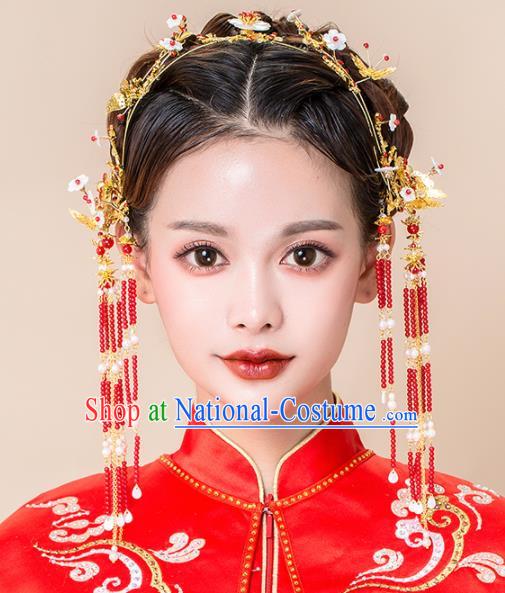 Chinese Ancient Wedding Hair Accessories Red Beads Tassel Phoenix Coronet Bride Hairpins Headwear for Women