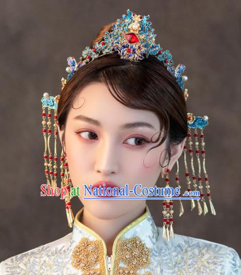 Chinese Ancient Wedding Hair Accessories Luxury Cloisonne Phoenix Coronet Bride Hairpins Headwear for Women