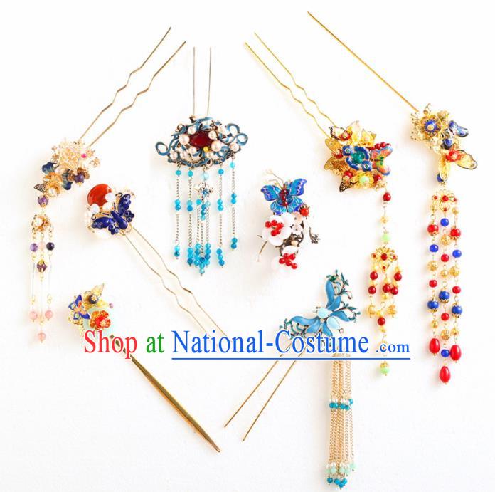 Chinese Ancient Bride Wedding Hair Accessories Blueing Hair Clips Tassel Hairpins Headwear for Women