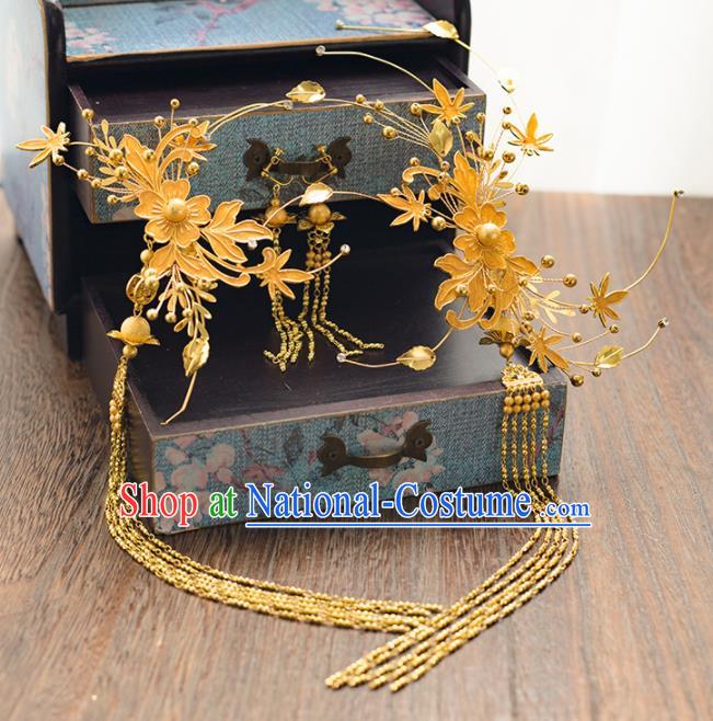 Chinese Ancient Bride Wedding Hair Accessories Golden Hair Clasp Tassel Hairpins Headwear for Women