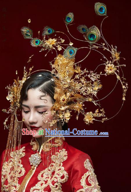 Chinese Ancient Bride Phoenix Coronet Wedding Hair Accessories Tassel Hairpins Feather Headwear for Women