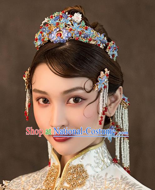 Chinese Ancient Bride Blueing Hair Crown Wedding Hair Accessories Hairpins Headwear for Women