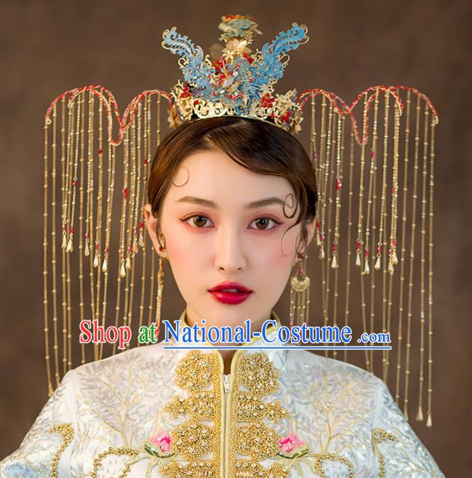 Chinese Ancient Queen Wedding Hair Accessories Luxury Cloisonne Phoenix Coronet Bride Hairpins Headwear for Women