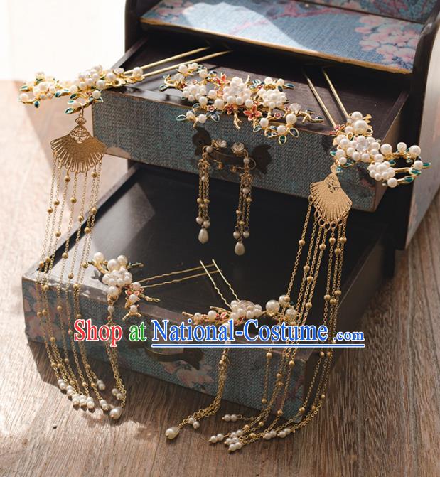 Chinese Ancient Bride Tassel Step Shake Wedding Hair Accessories Pearls Hairpins Headwear for Women