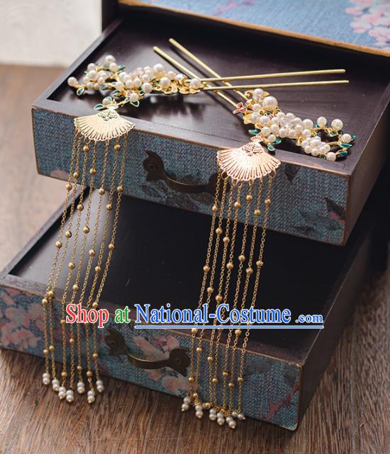 Chinese Ancient Bride Tassel Step Shake Wedding Hair Accessories Pearls Hairpins Headwear for Women