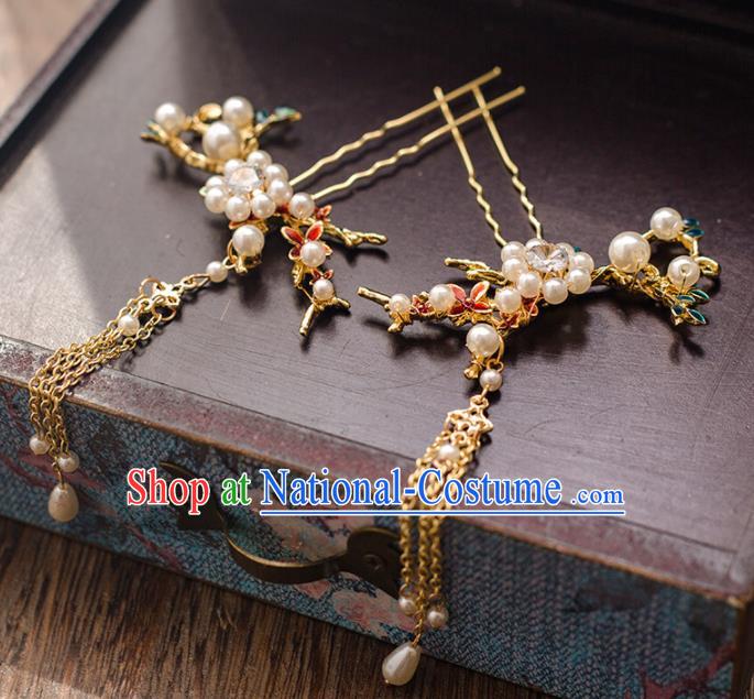 Chinese Ancient Bride Tassel Step Shake Wedding Hair Accessories Pearls Hairpins Headwear for Women