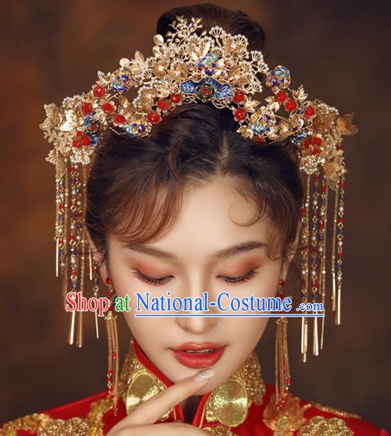 Chinese Ancient Bride Golden Phoenix Coronet Wedding Hair Accessories Palace Hairpins Headwear for Women