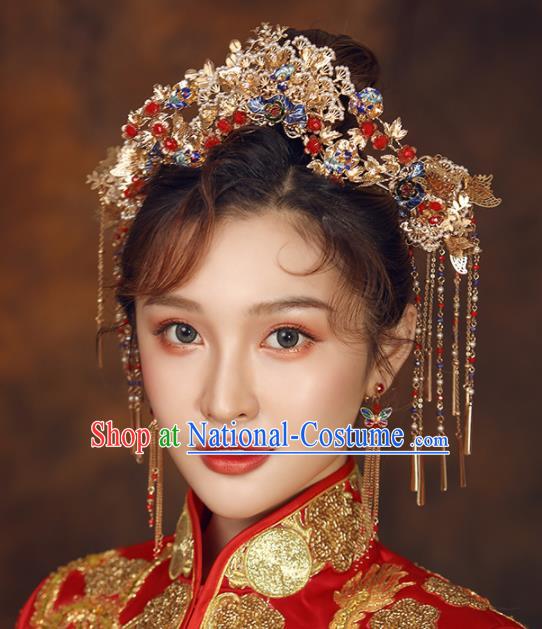 Chinese Ancient Bride Golden Phoenix Coronet Wedding Hair Accessories Palace Hairpins Headwear for Women