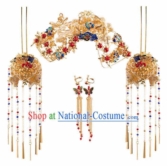 Chinese Ancient Bride Golden Phoenix Coronet Wedding Hair Accessories Palace Hairpins Headwear for Women