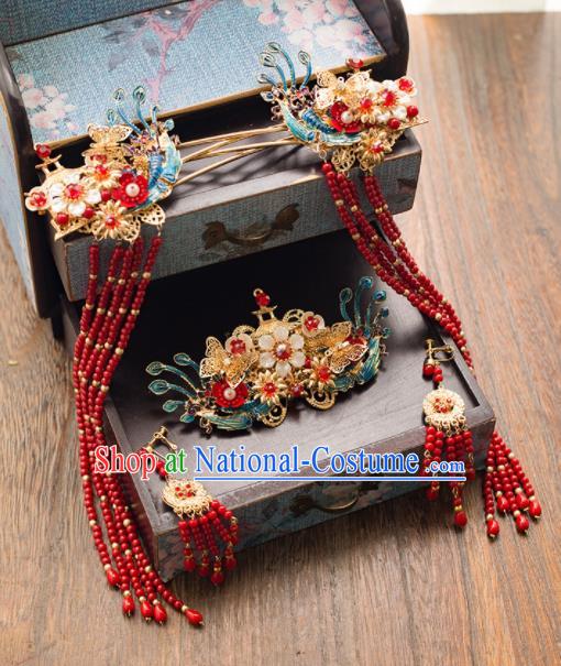 Chinese Ancient Bride Blueing Hair Crown Wedding Hair Accessories Palace Tassel Hairpins Headwear for Women