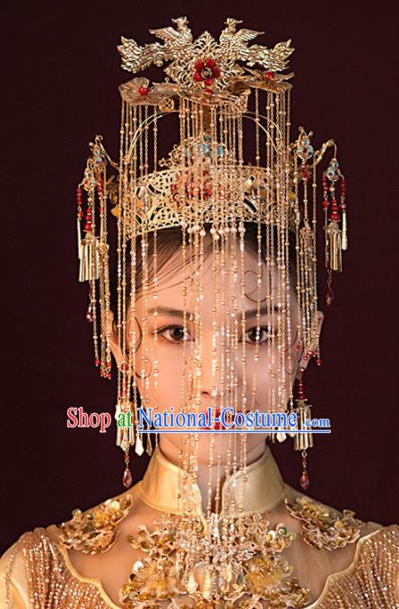 Chinese Ancient Wedding Hair Accessories Luxury Golden Phoenix Coronet Bride Hairpins Headwear for Women