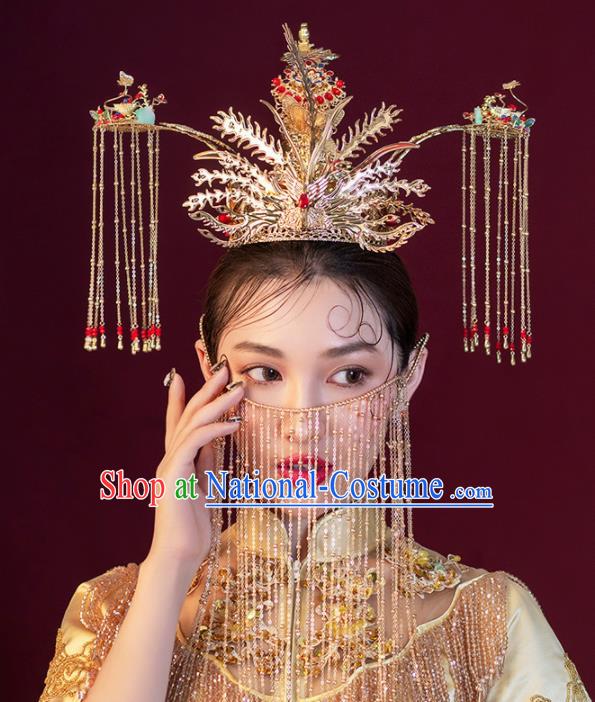 Chinese Ancient Bride Phoenix Coronet Wedding Hair Accessories Tassel Hairpins Headwear for Women