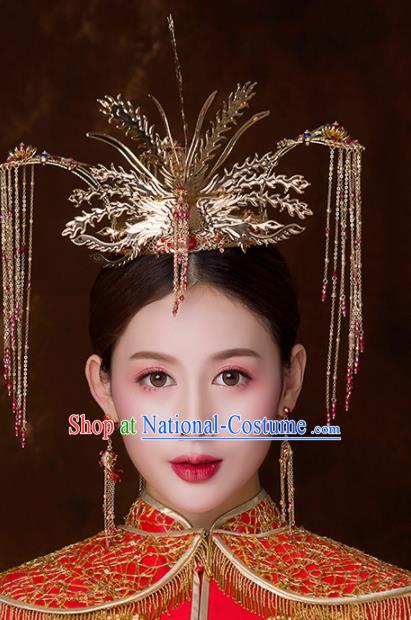 Chinese Ancient Wedding Hair Accessories Bride Phoenix Coronet Tassel Hairpins Headwear for Women