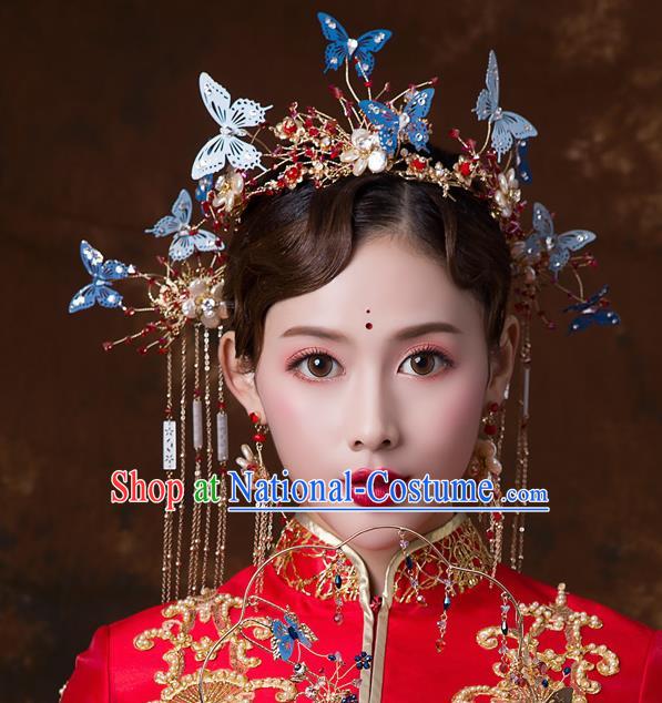 Chinese Ancient Wedding Blue Butterfly Hair Accessories Bride Phoenix Coronet Tassel Hairpins Headwear for Women