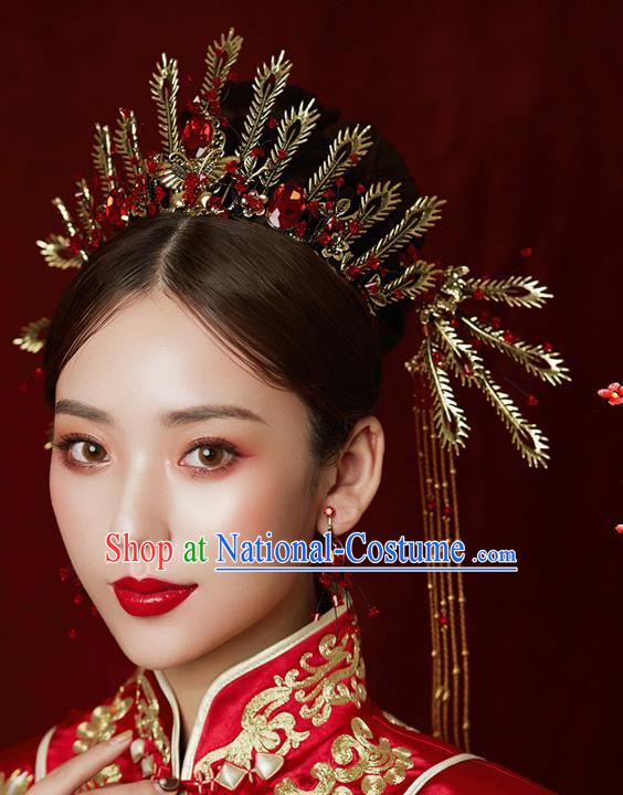 Chinese Ancient Wedding Hair Accessories Bride Golden Phoenix Coronet Tassel Hairpins Headwear for Women