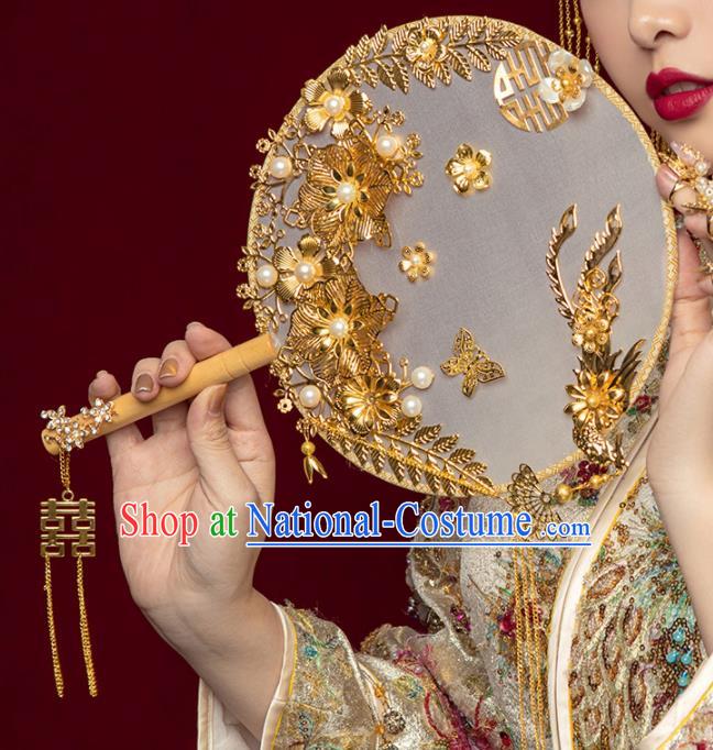 Chinese Ancient Wedding Accessories Bride Palace Fans Handmade Golden Flowers Round Fan for Women