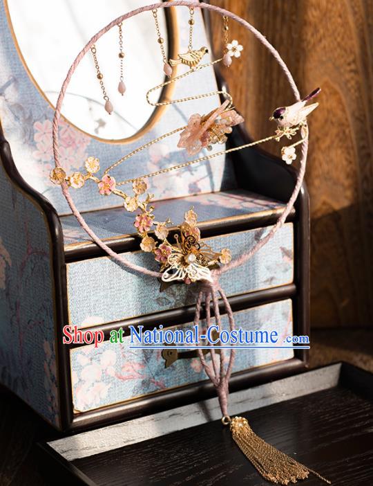 Chinese Ancient Wedding Accessories Bride Palace Fans Butterfly Tassel Round Fan for Women