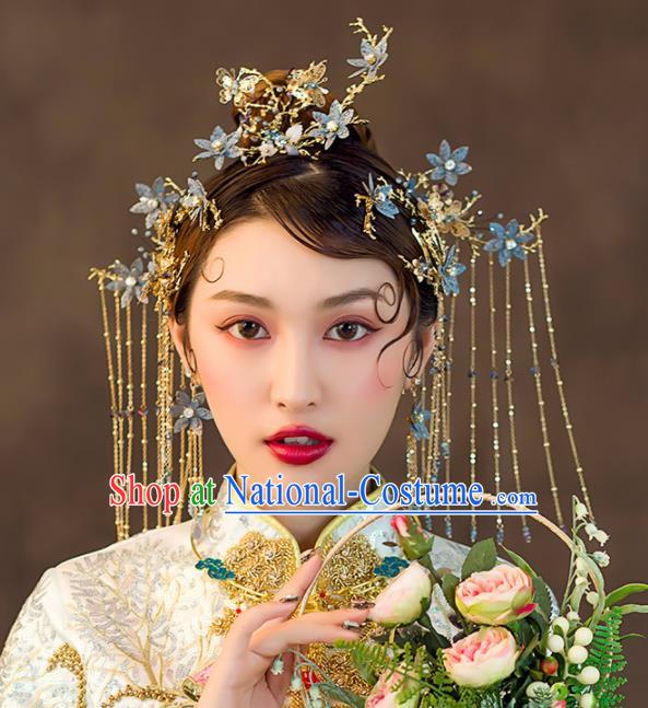 Chinese Ancient Wedding Hair Accessories Bride Blue Flowers Phoenix Coronet Hairpins Headwear for Women