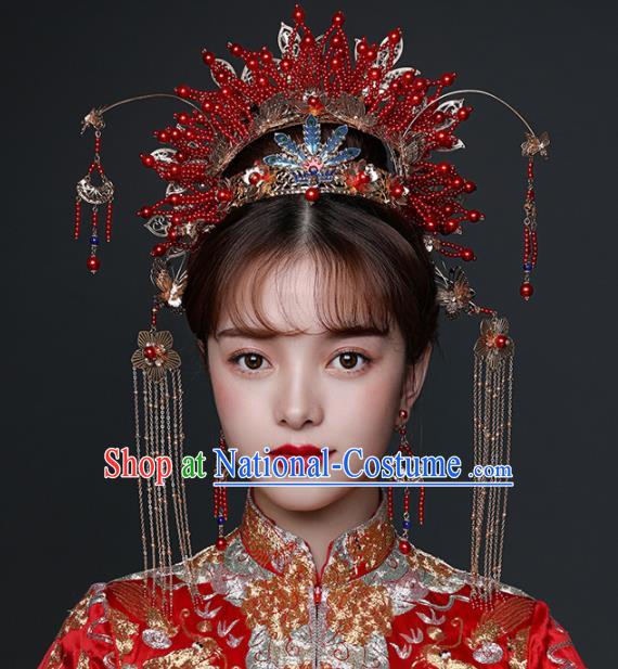 Chinese Ancient Wedding Hair Accessories Bride Red Beads Phoenix Coronet Tassel Hairpins Headwear for Women