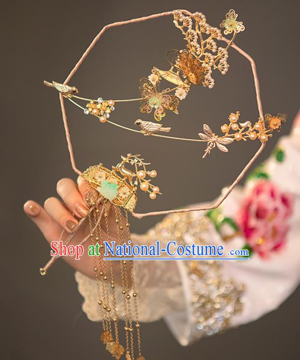 Chinese Ancient Wedding Accessories Bride Palace Fans Golden Tassel Round Fan for Women