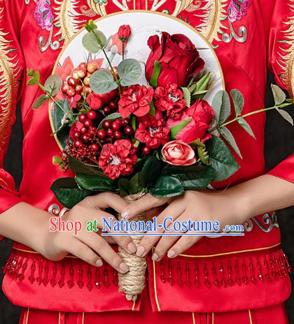 Chinese Ancient Wedding Accessories Bride Handmade Red Rose Palace Fans Round Fans for Women