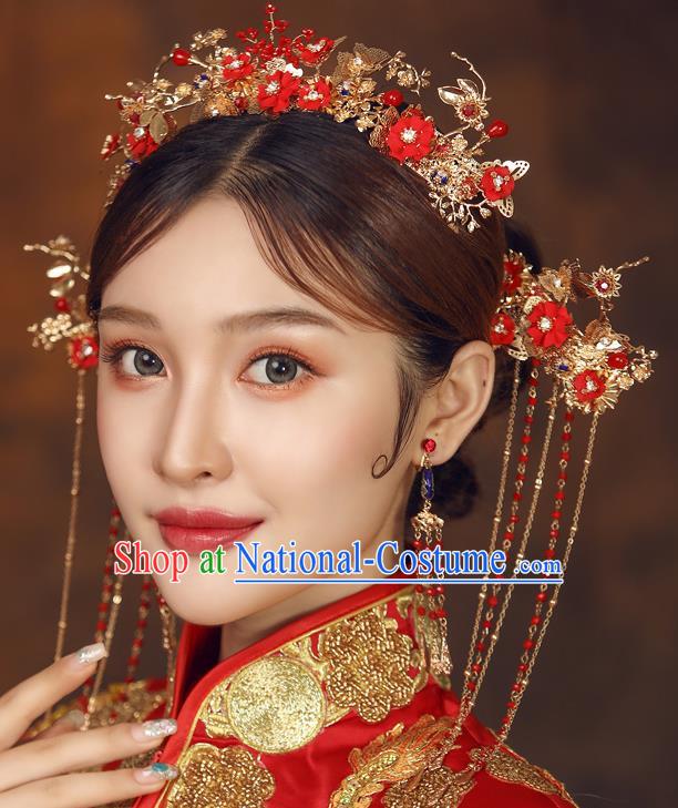 Chinese Ancient Palace Bride Red Flowers Hair Crown Wedding Hair Accessories Tassel Hairpins Headwear for Women