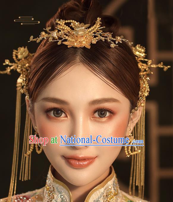 Chinese Ancient Palace Bride Golden Hair Crown Wedding Hair Accessories Tassel Hairpins Headwear for Women