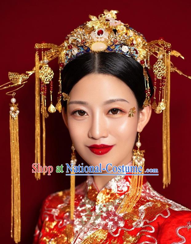 Chinese Ancient Palace Bride Phoenix Coronet Wedding Hair Accessories Tassel Hairpins Headwear for Women