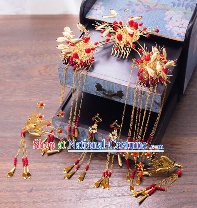 Chinese Ancient Palace Bride Hair Combs Wedding Hair Accessories Tassel Hairpins Headwear for Women