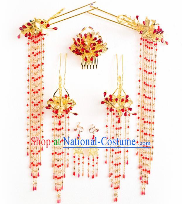 Chinese Ancient Palace Bride Hair Accessories Wedding Golden Phoenix Hairpins Headwear for Women