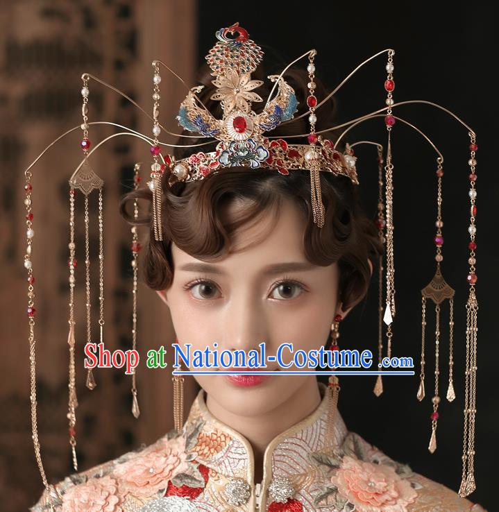 Chinese Ancient Bride Luxurious Phoenix Coronet Wedding Hair Accessories Palace Tassel Hairpins Headwear for Women