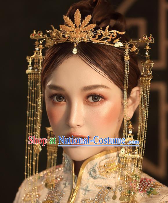 Chinese Ancient Palace Bride Hair Accessories Wedding Golden Phoenix Coronet Hairpins Headwear for Women