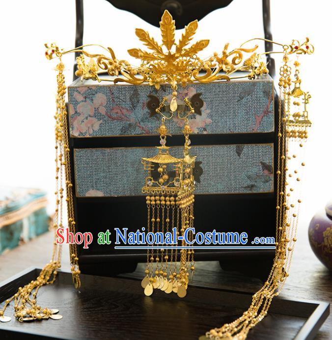 Chinese Ancient Palace Bride Hair Accessories Wedding Golden Phoenix Coronet Hairpins Headwear for Women