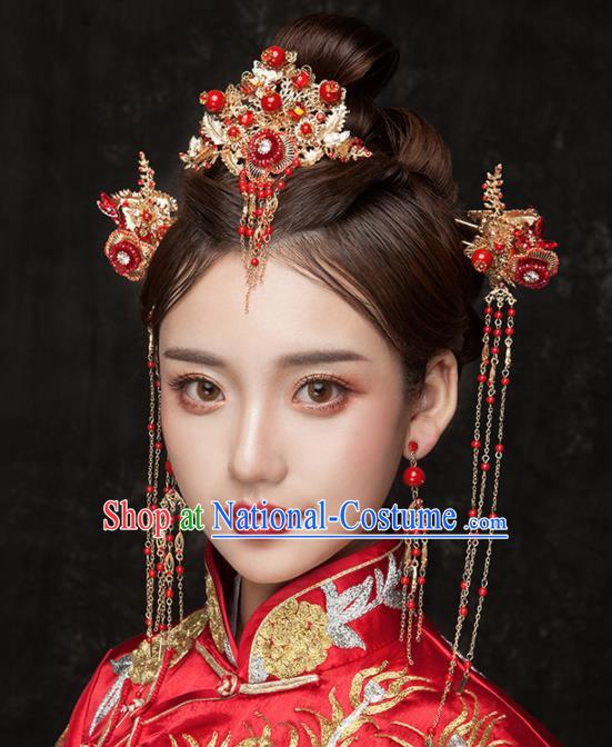 Chinese Ancient Palace Bride Hair Accessories Wedding Red Phoenix Coronet Hairpins Headwear for Women