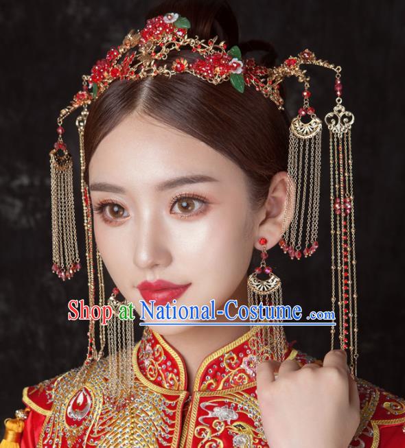 Chinese Ancient Palace Bride Hair Accessories Wedding Red Grape Phoenix Coronet Hairpins Headwear for Women