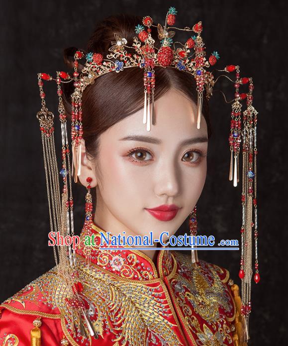 Chinese Ancient Palace Bride Hair Accessories Wedding Strawberry Phoenix Coronet Hairpins Headwear for Women