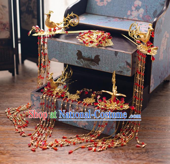 Chinese Ancient Palace Bride Hair Accessories Tassel Hair Clips Phoenix Hairpins Headwear for Women